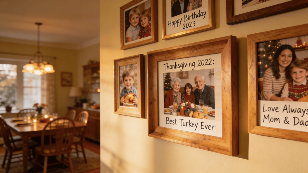 dining room hallway with warm wooden frames displaying family photos and heartfelt captions, leading into a cozy, softly lit dining space in the background.