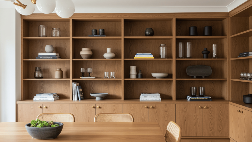 dining room with warm oak built-in shelves styled with books, ceramics, and glassware above cabinets for a custom look.