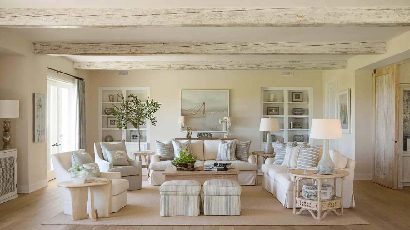 distressed whitewashed ceiling beams in a bright coastal style living room