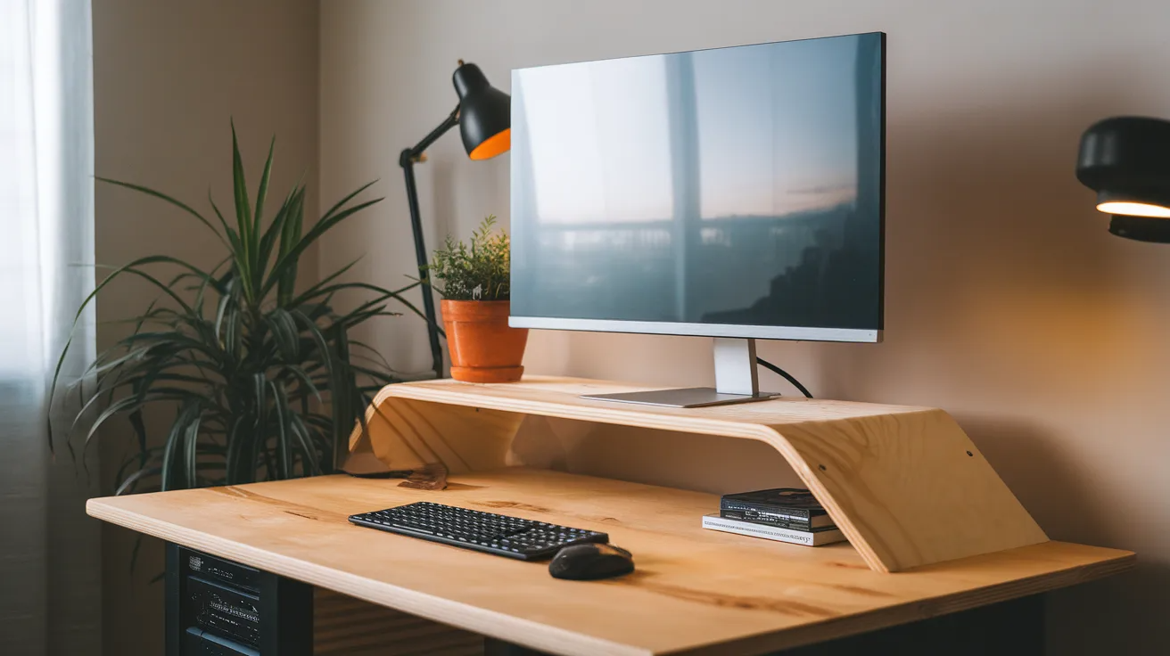 diy computer desk with raised monitor shelf showing organized workspace with keyboard space and clean modern design