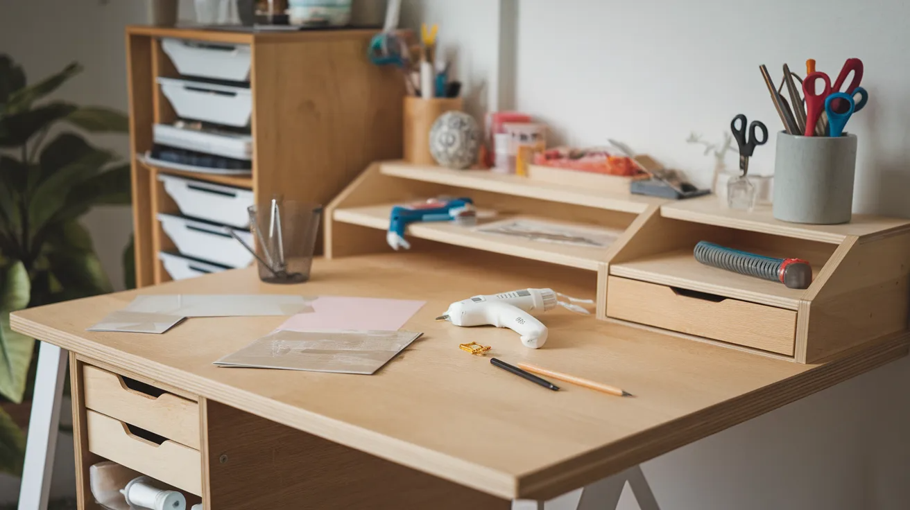 diy craft desk with wide work surface and storage for art tools in a creative home workspace