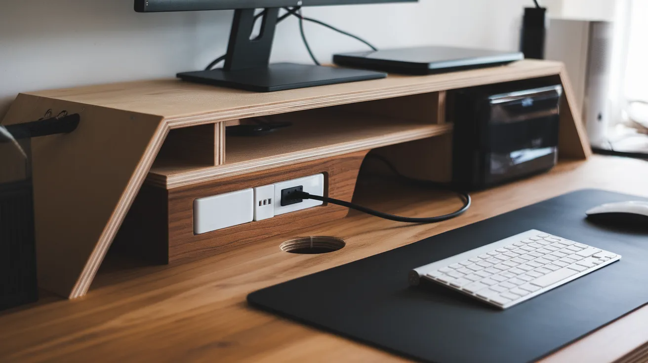 diy desk with built in power strip allowing easy charging and organized cables in a home office
