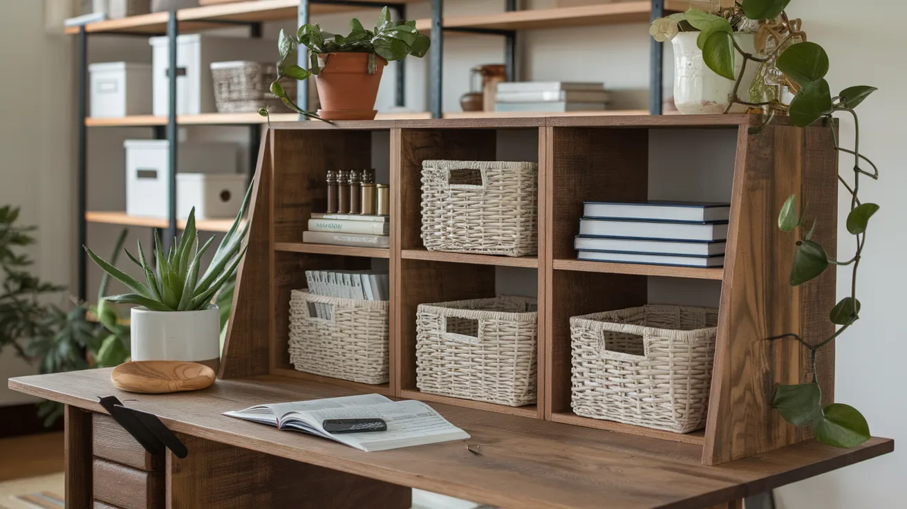 diy desk with open storage cubes used for baskets and books creating an organized workspace