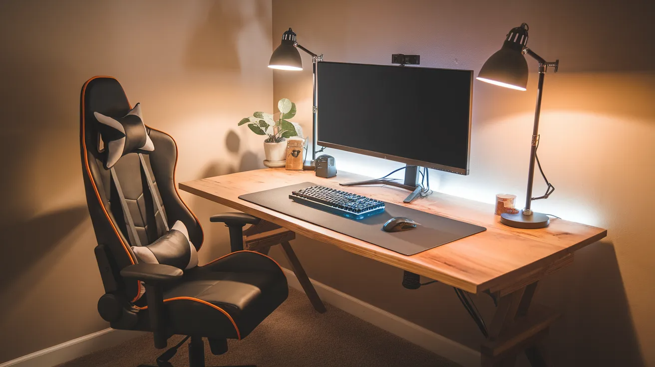 diy gaming desk with wide surface designed for mouse movement computer setup and organized gaming space