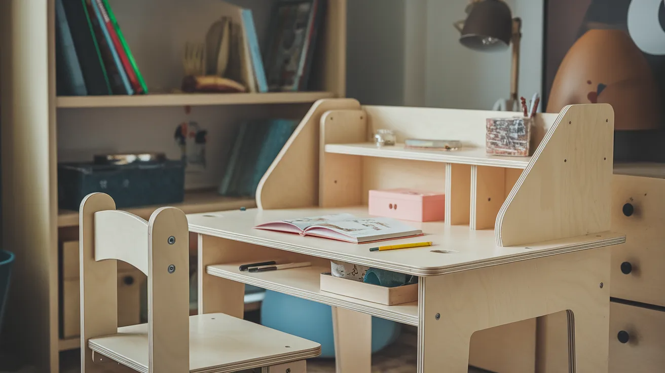 diy kids study desk with safe design and simple storage placed in a child friendly study room