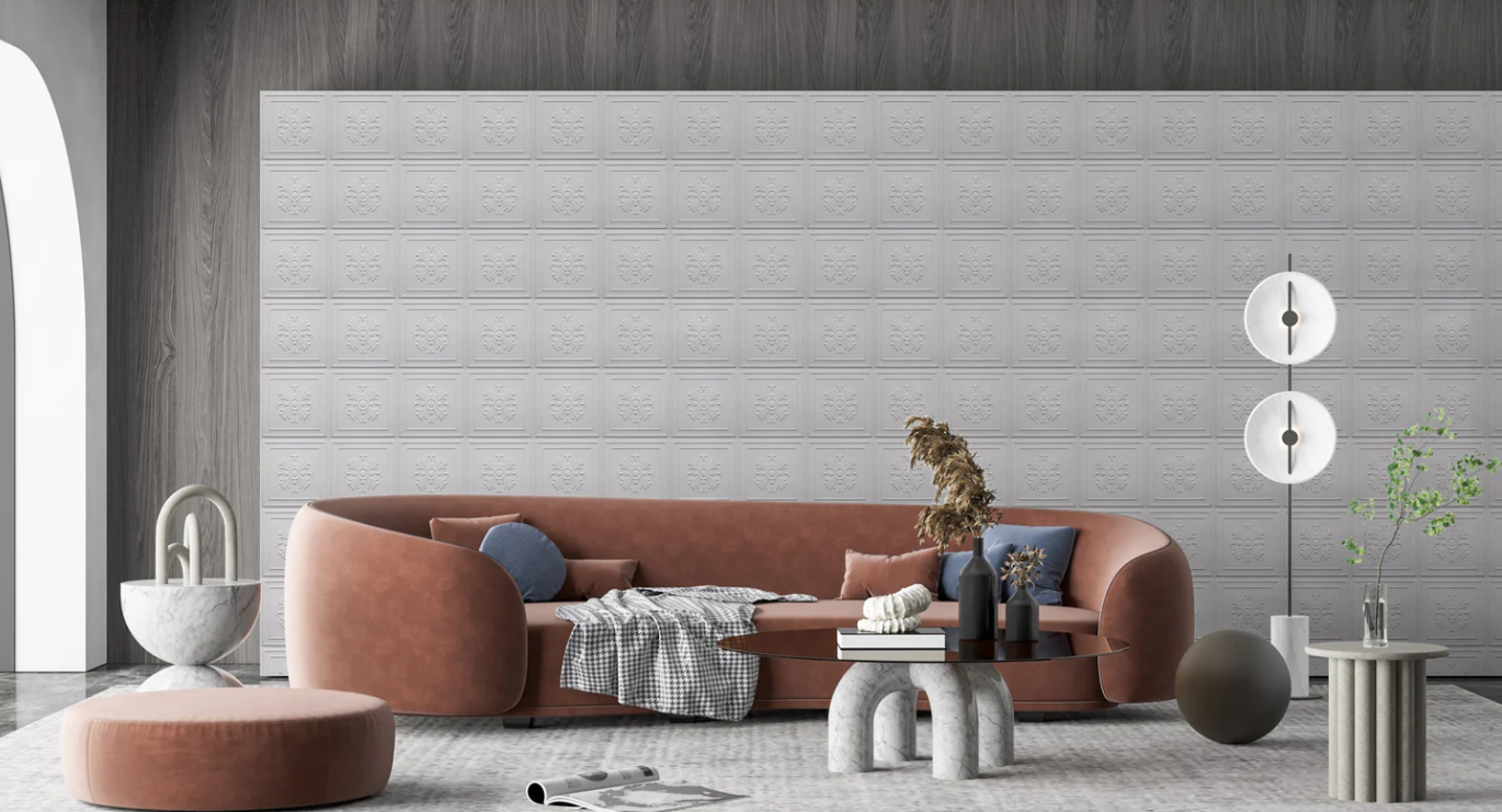 Contemporary living room with a 3d wall panel decor.