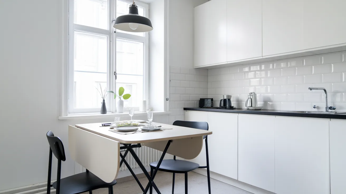 drop leaf dining table extended in a small kitchen dining area