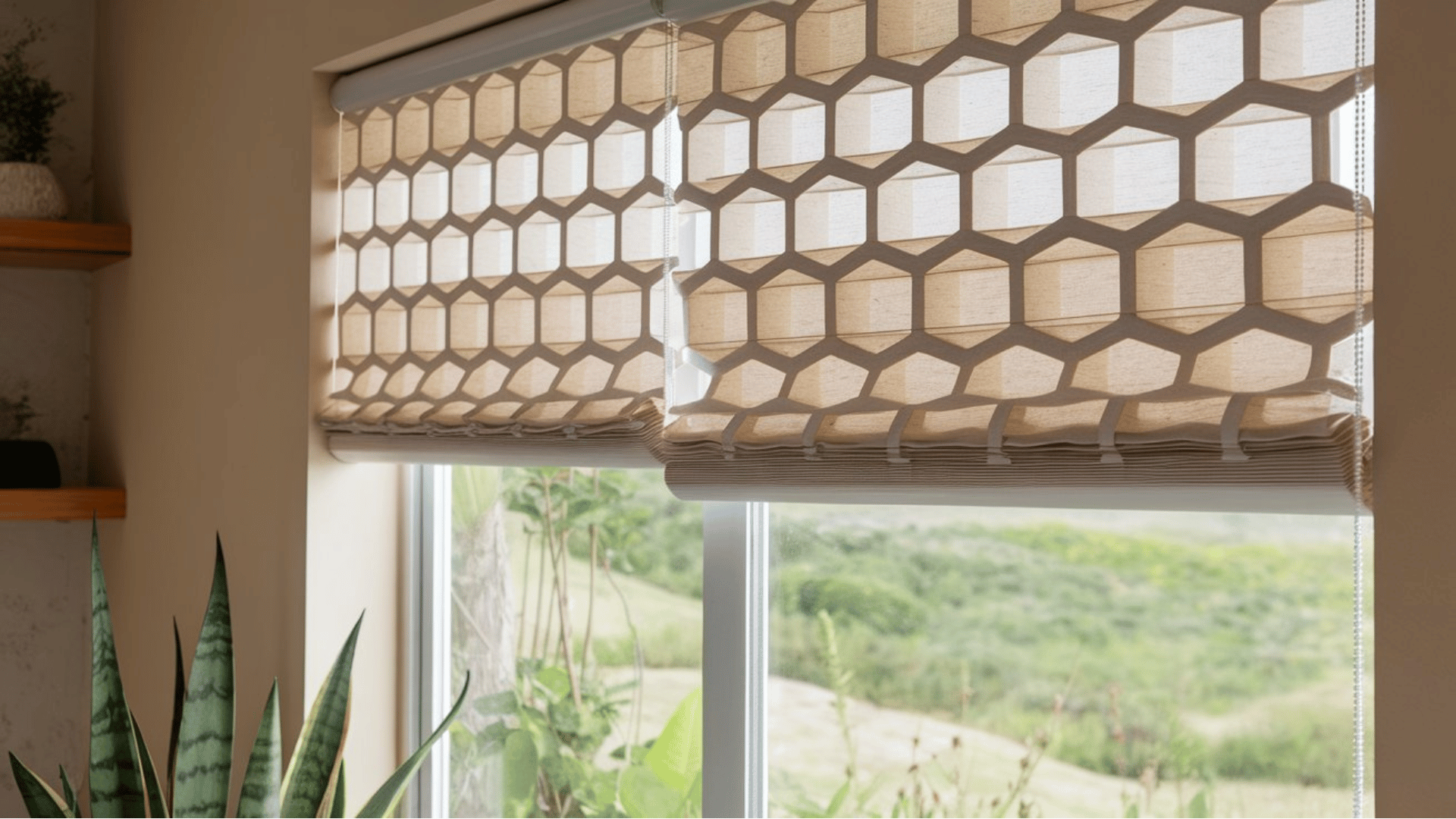 elegant cream cellular blinds with a soft fabric fold design in a bright room, featuring a beige sofa and a snake plant.