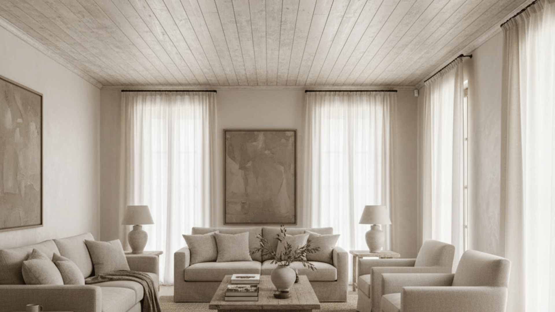 elegant room with a limewashed wood ceiling, muted tones, neutral sofas, a rustic wood coffee table, and soft lighting