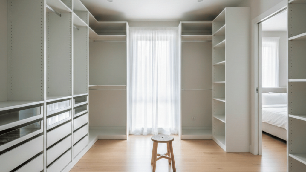 empty closet with open shelving units, light wood floors, and a small stool in front of a window with sheer curtains.