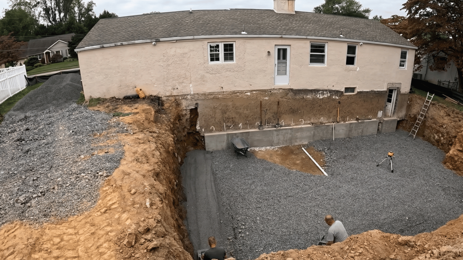 excavation site for a basement foundation, showing gravel and construction equipment with the wall foundation partially in place.