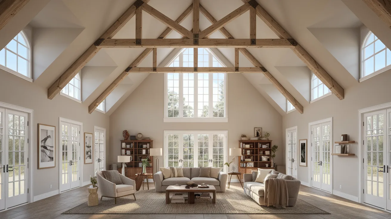 exposed wood beams on a vaulted ceiling in a bright open great room