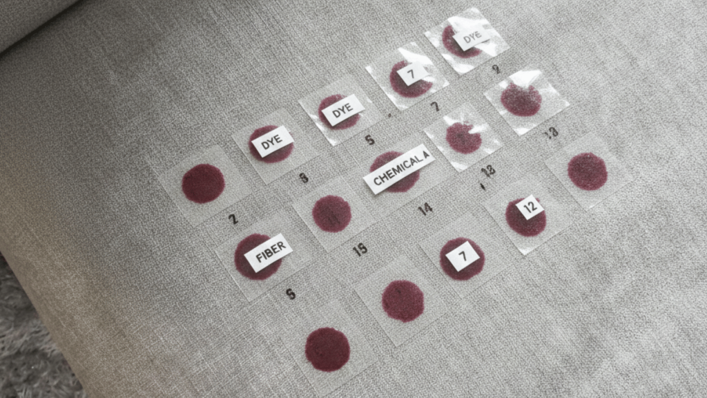 fabric patch test on a light sofa with labeled red stain samples for dye, fiber, and chemical analysis.