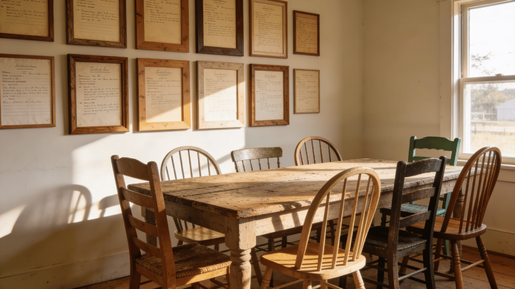 farmhouse dining room with framed handwritten recipes on the wall, rustic wooden table, mismatched chairs, and warm sunlight.