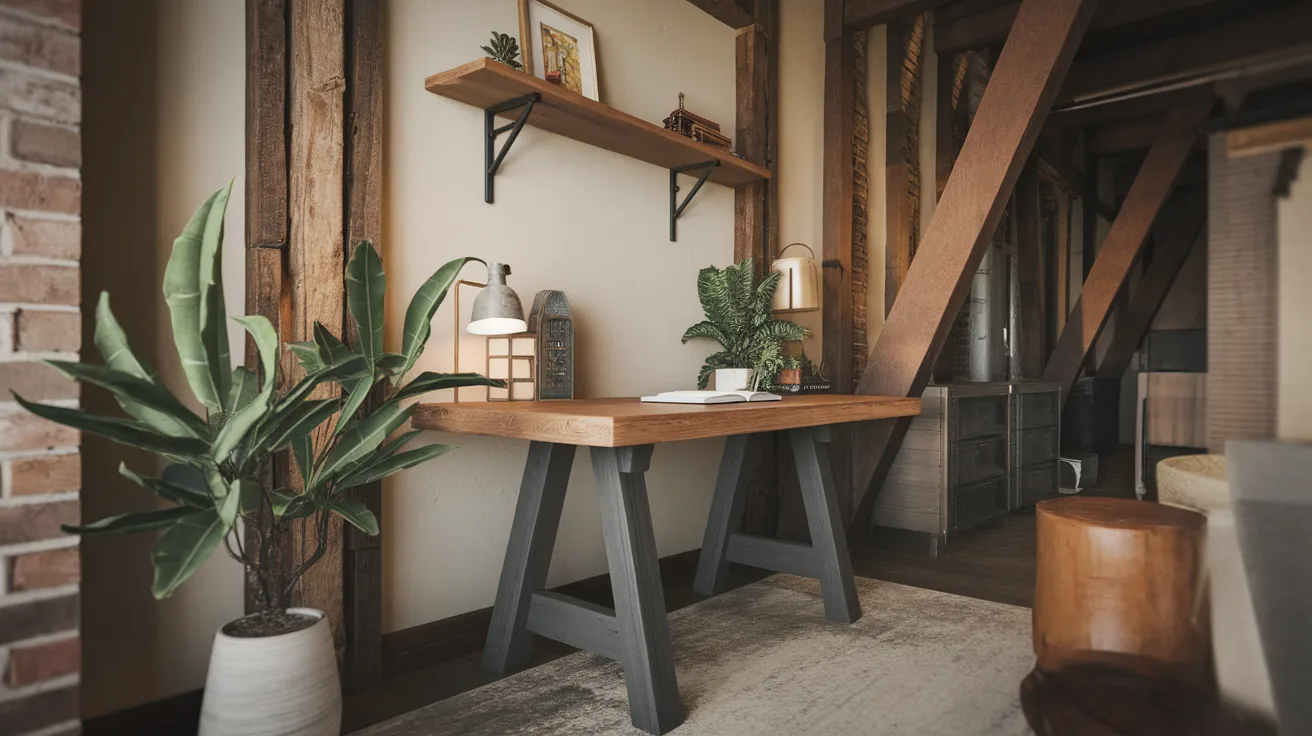 farmhouse style diy desk with solid wood top and thick legs in a cozy home office setting