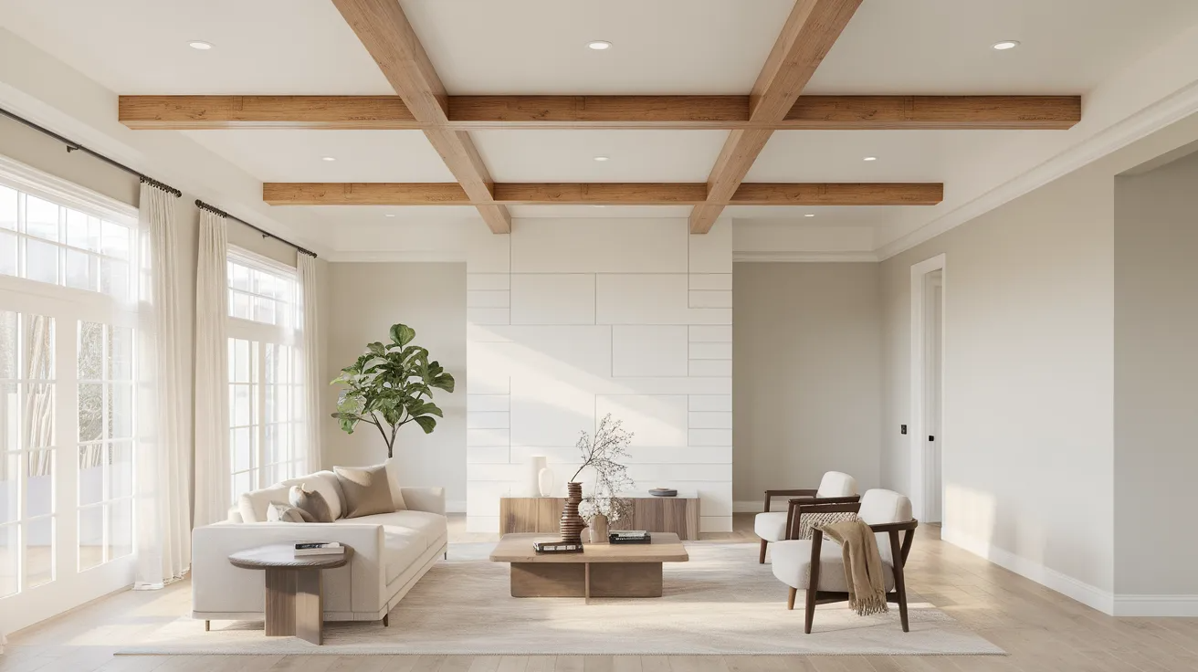 faux wood ceiling beams installed on a white ceiling in a modern living room