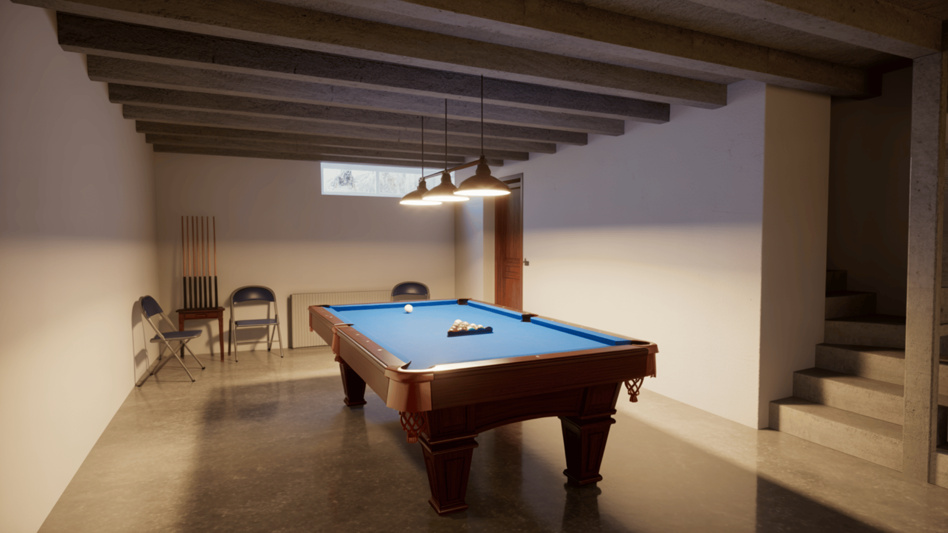 finished basement game room with a pool table, hanging lights, exposed beams, stairs, and simple seating along the wall
