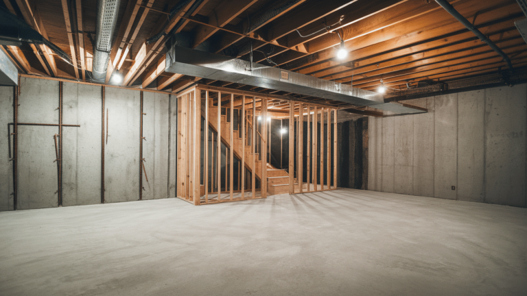 finished basement with a wooden ceiling and framing for stairs.