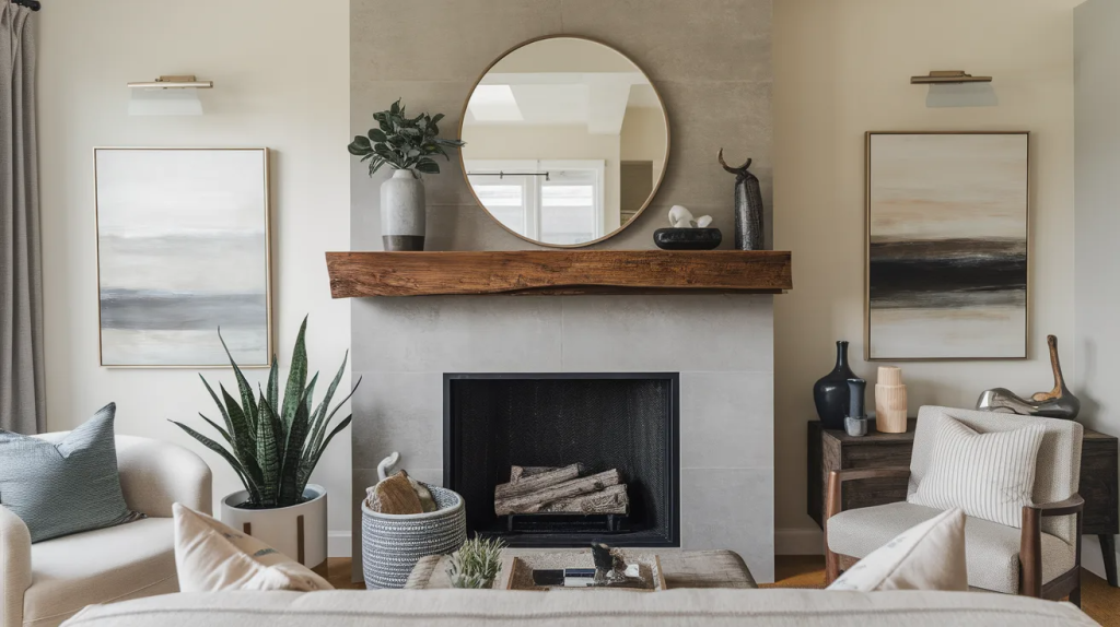 fireplace accent wall with a bold statement mantel creating a strong focal point in a cozy living room