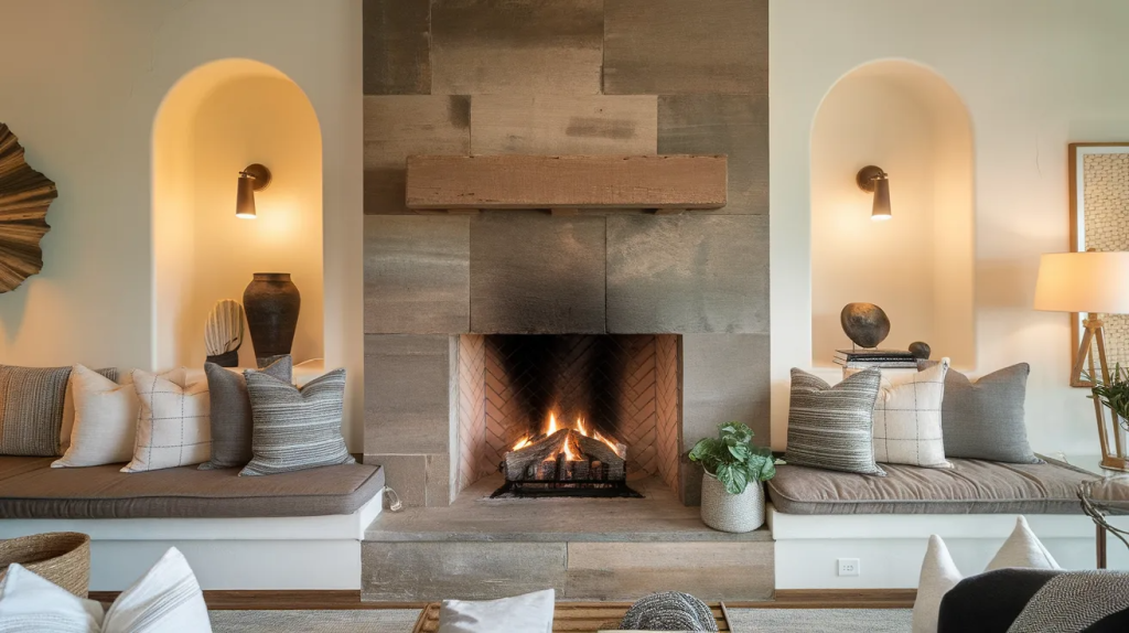 fireplace accent wall with built in bench seating creating a cozy and functional living room space