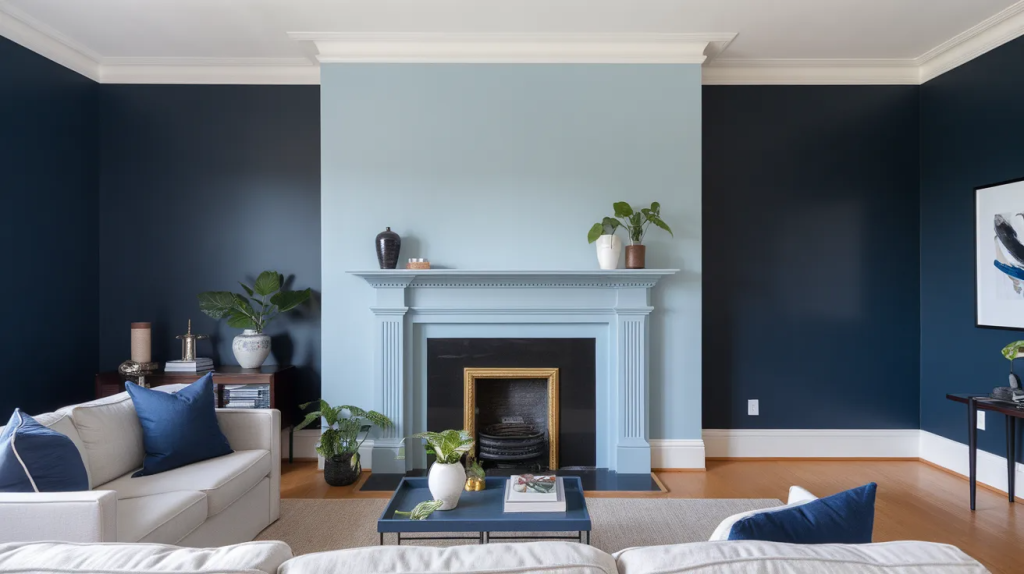 fireplace accent wall with subtle color contrast adding depth while keeping a clean modern living room style