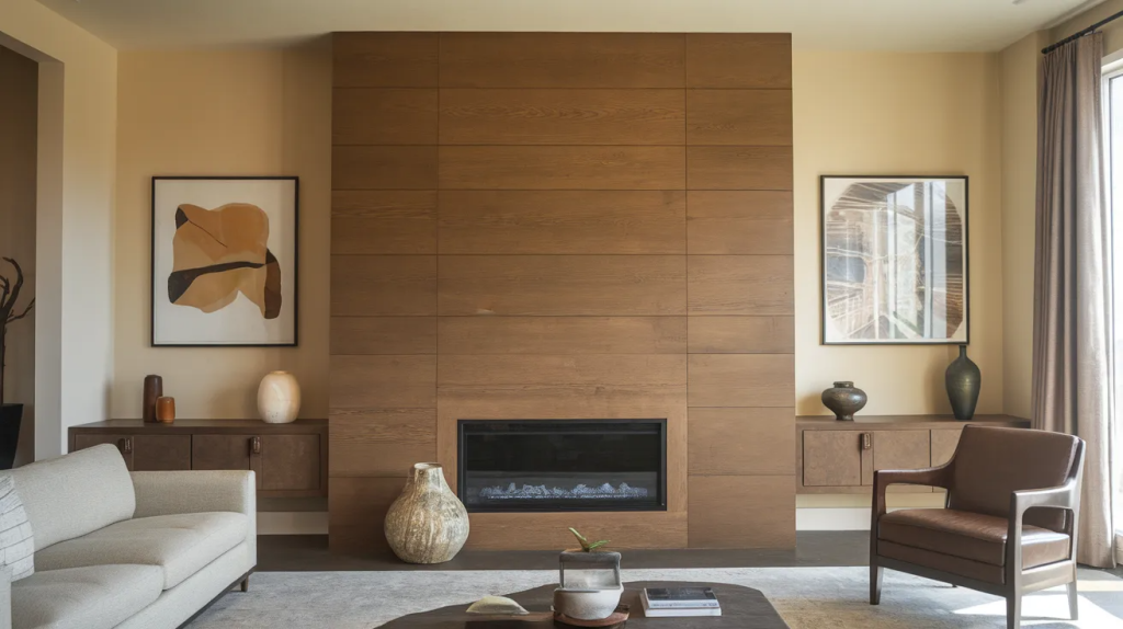 flat wood panel fireplace accent wall in a modern living room with warm tones and simple styling