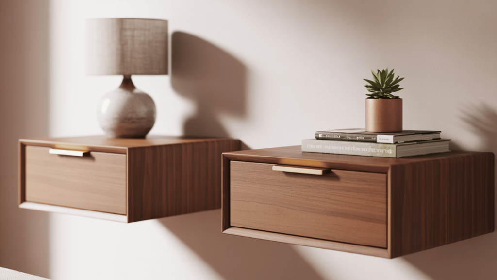 floating nightstands with a lamp, books, and a plant placed on top, casting soft shadows in a well-lit bedroom
