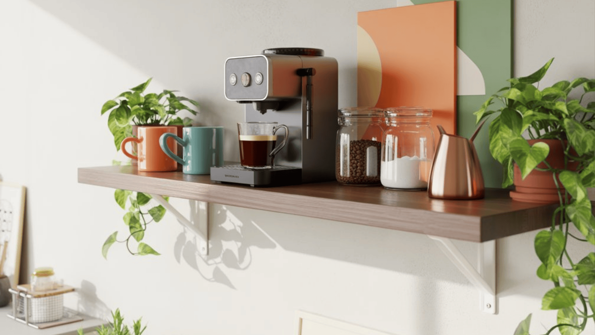floating shelf coffee station with mugs and jars in a small kitchen