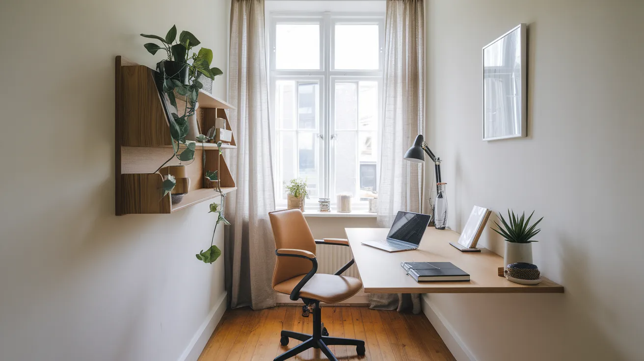 floating wall desk with laptop in a small home office