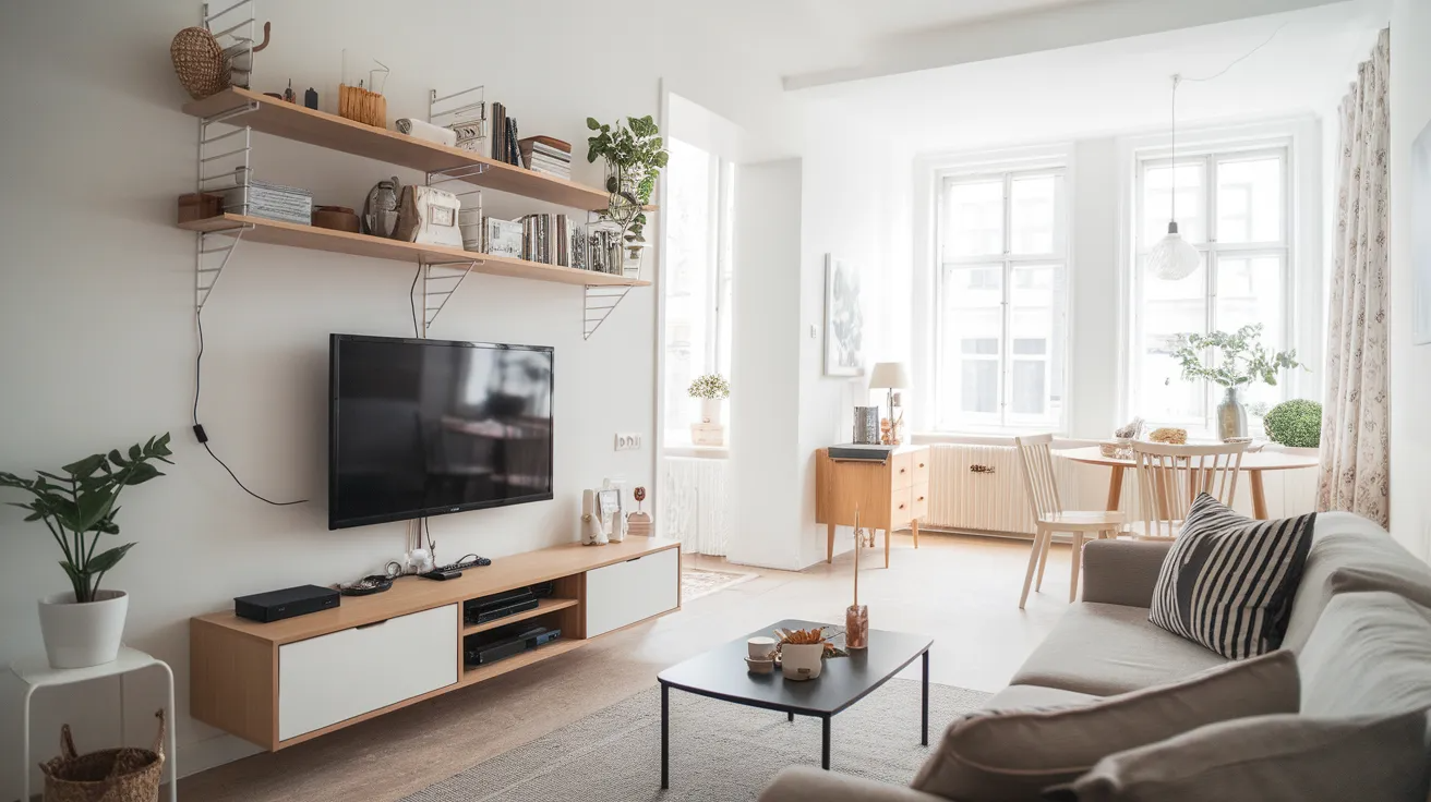 floating wall mounted tv shelf in a small modern living room with clean design