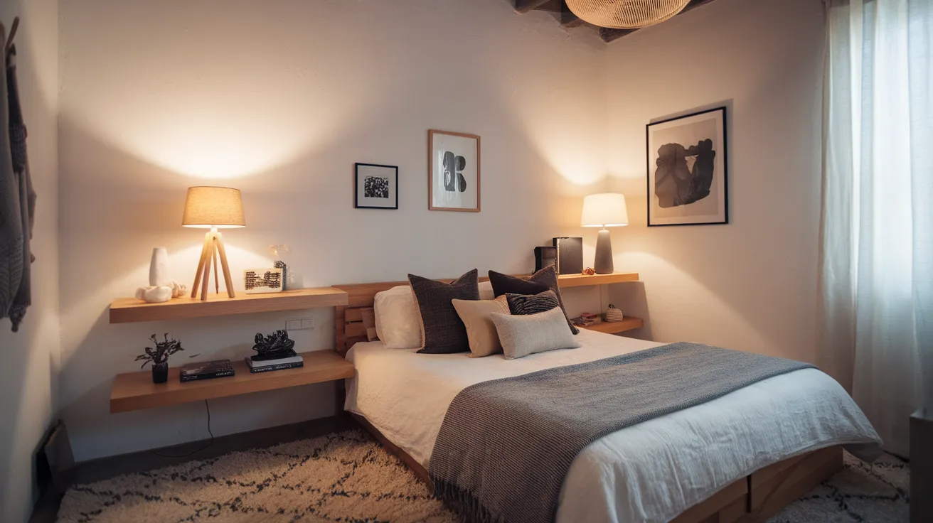 floating wall shelf nightstands beside a bed in a small modern bedroom