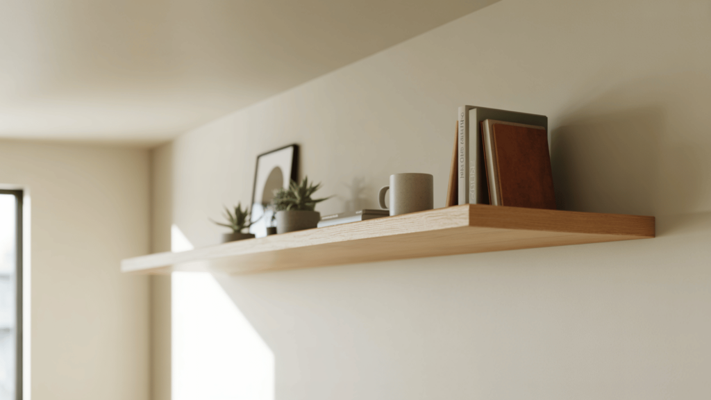 floating wooden shelf with plants, books, and a mug arranged neatly on a beige wall under a large window