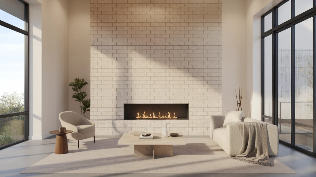 floor to ceiling tiled fireplace accent wall in a modern living room with neutral tones and minimal decor
