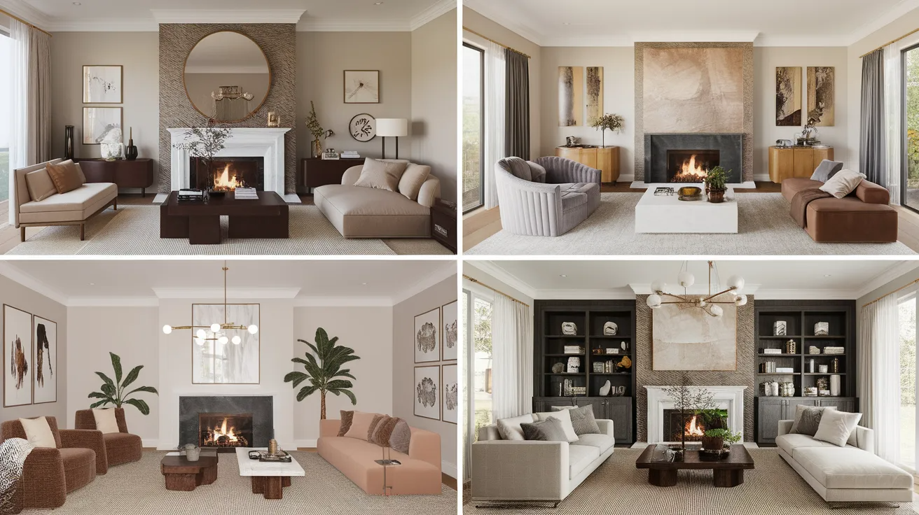 four modern living rooms with fireplace accent walls using different styles and materials with minimal decor