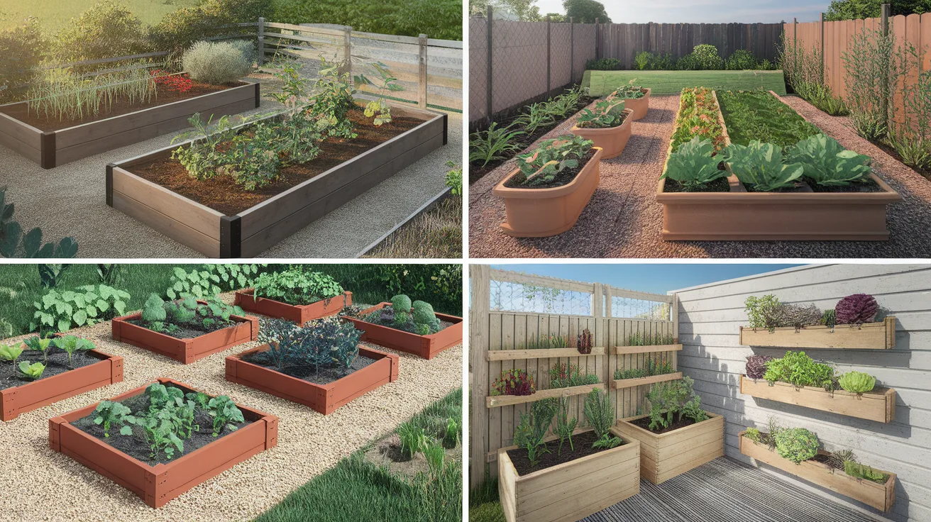 four panel collage of different vegetable garden layouts showing raised beds, container gardens, backyard plots, and vertical growing setups