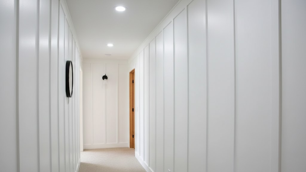 full wall board and batten hallway with vertical panels and modern styling for a clean and high end look