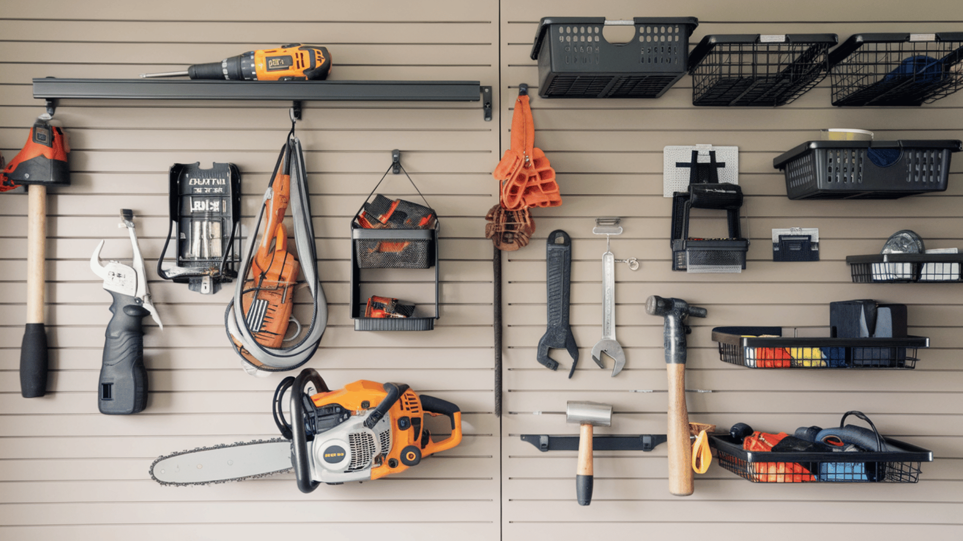 garage slatwall panel with organized tools, chainsaw, drill, wrenches, hammers, baskets, and hanging storage accessories.