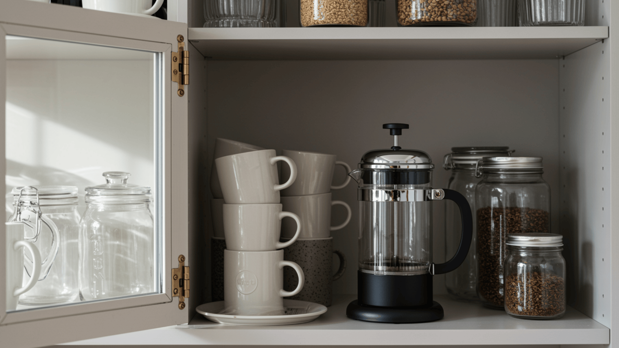 glass cabinet coffee station displaying mugs and jars inside