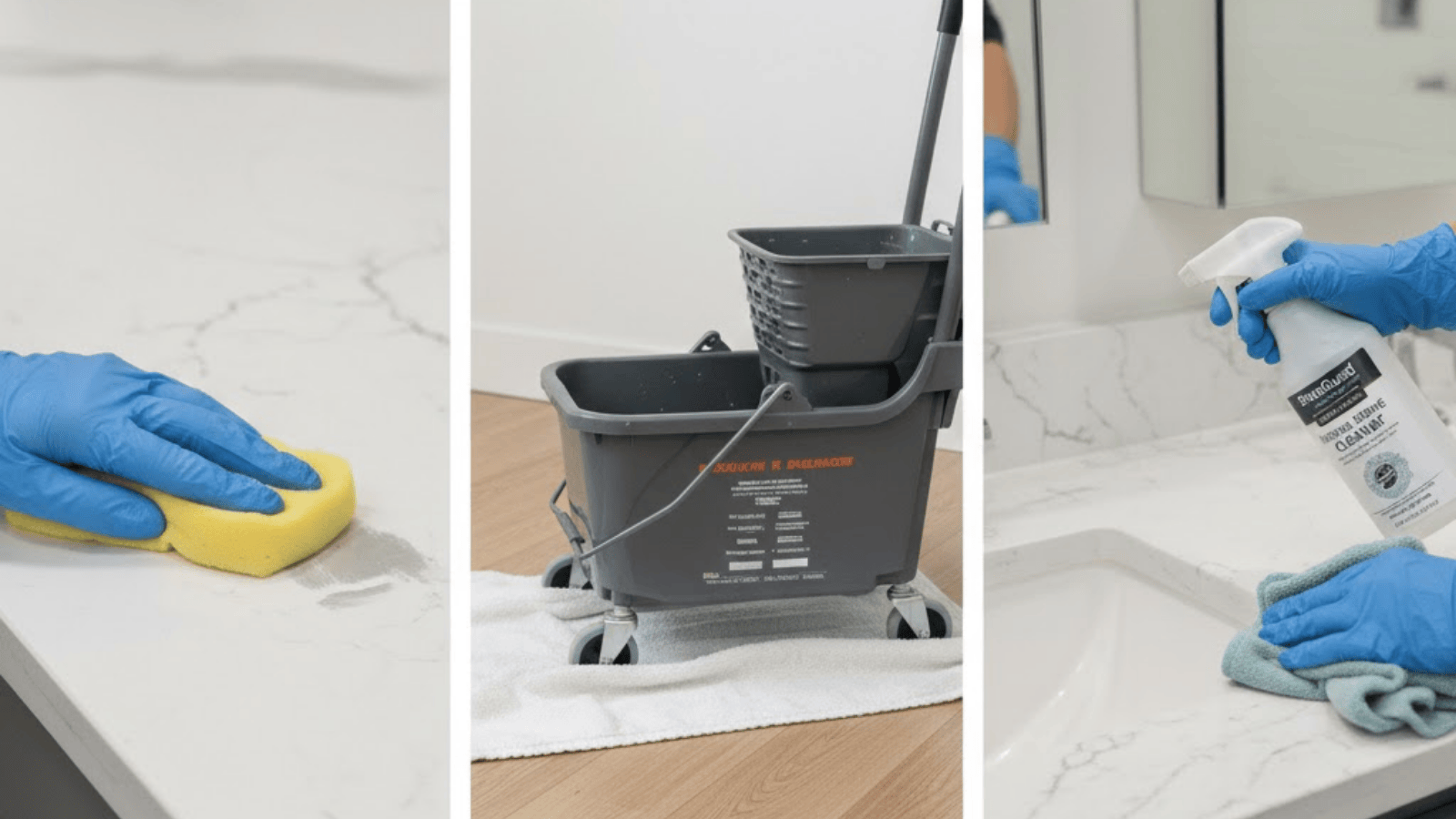 gloved hands cleaning quartz countertop, mop bucket on floor, and wiping bathroom vanity during detailed cleaning process
