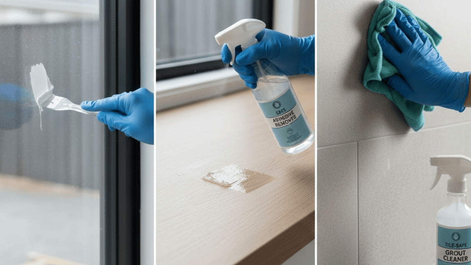 gloved hands scraping paint from window, removing adhesive, and wiping tile grout during detailed post-construction cleaning