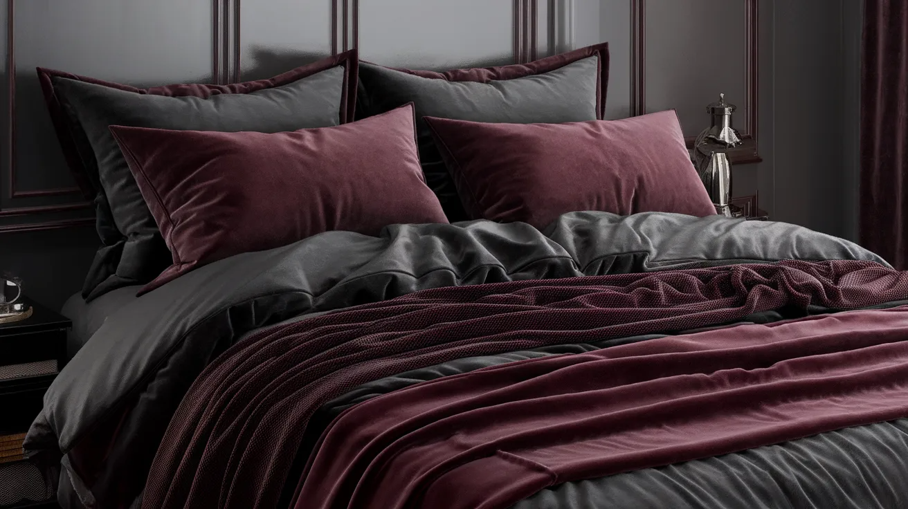 gothic bedroom with dark layered bedding in rich tones creating a cozy and relaxing sleeping space