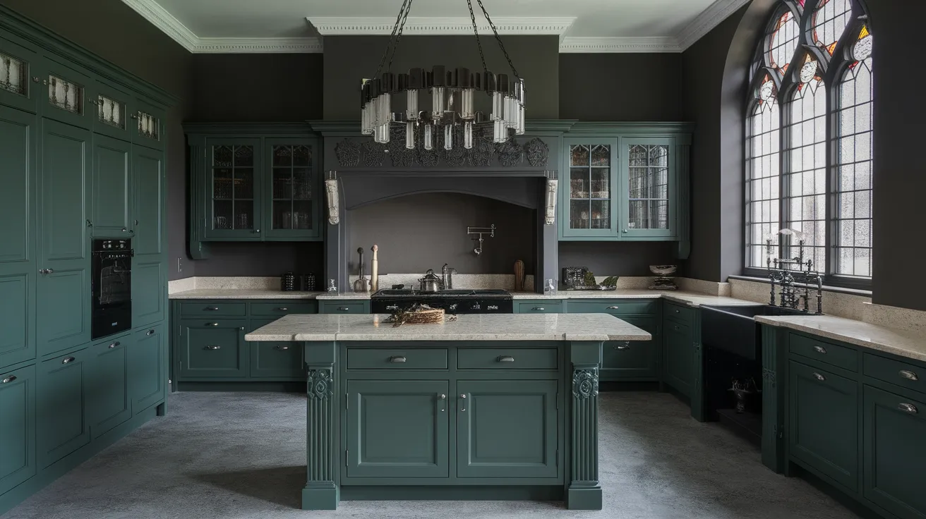 gothic kitchen with dark cabinets and light counters creating a bold yet balanced and timeless look