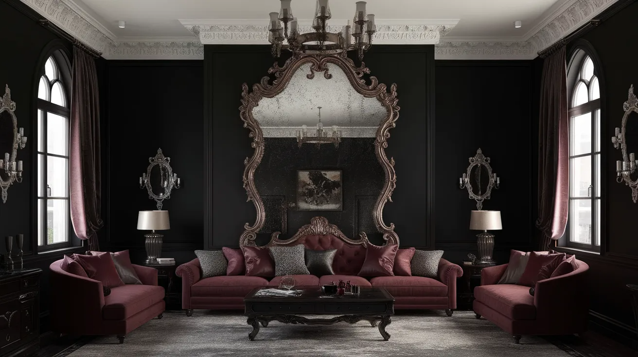 gothic living room featuring a large ornate mirror as a dramatic focal point against dark walls