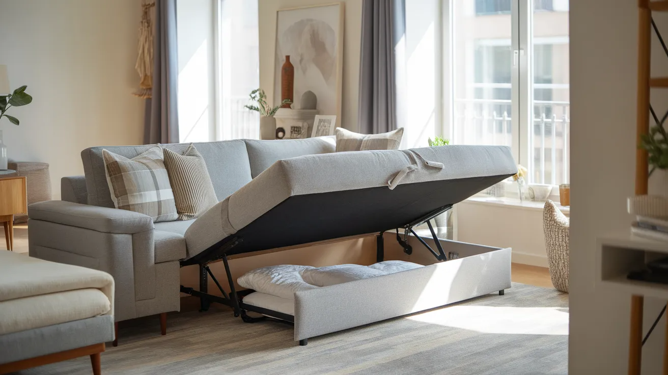 gray sofa bed with hidden storage open in a small modern apartment living room with neutral decor