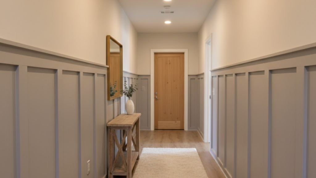 half wall board and batten hallway with white lower panels and light upper walls creating a clean and open look