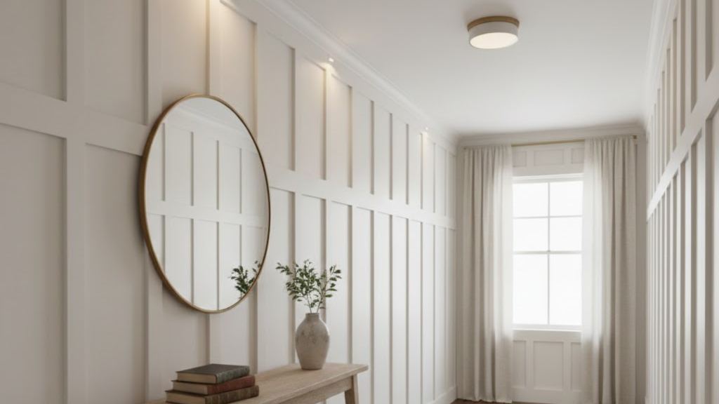 hallway with tall vertical board and batten panels designed to make the space feel taller
