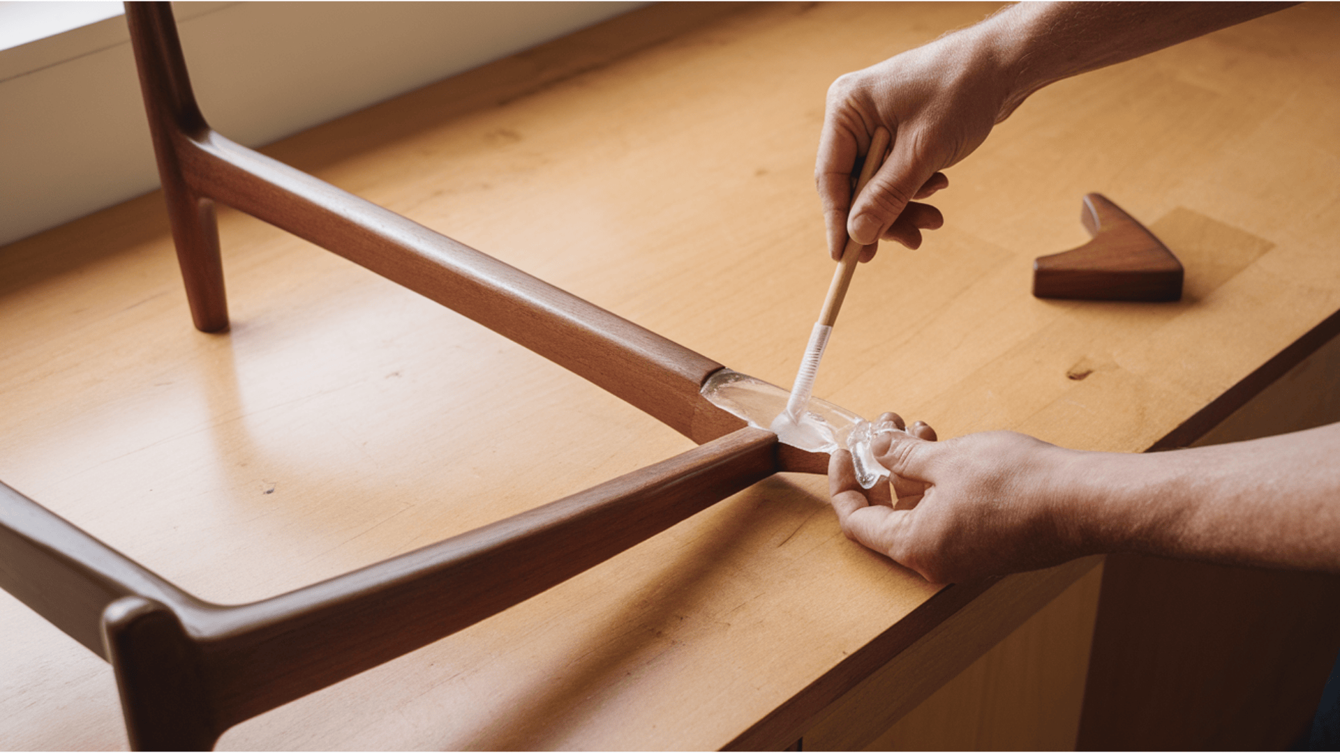 hands applying clear epoxy directly into a void on the side of a teak chair leg lying flat on a workbench with a teak wedge piece nearby