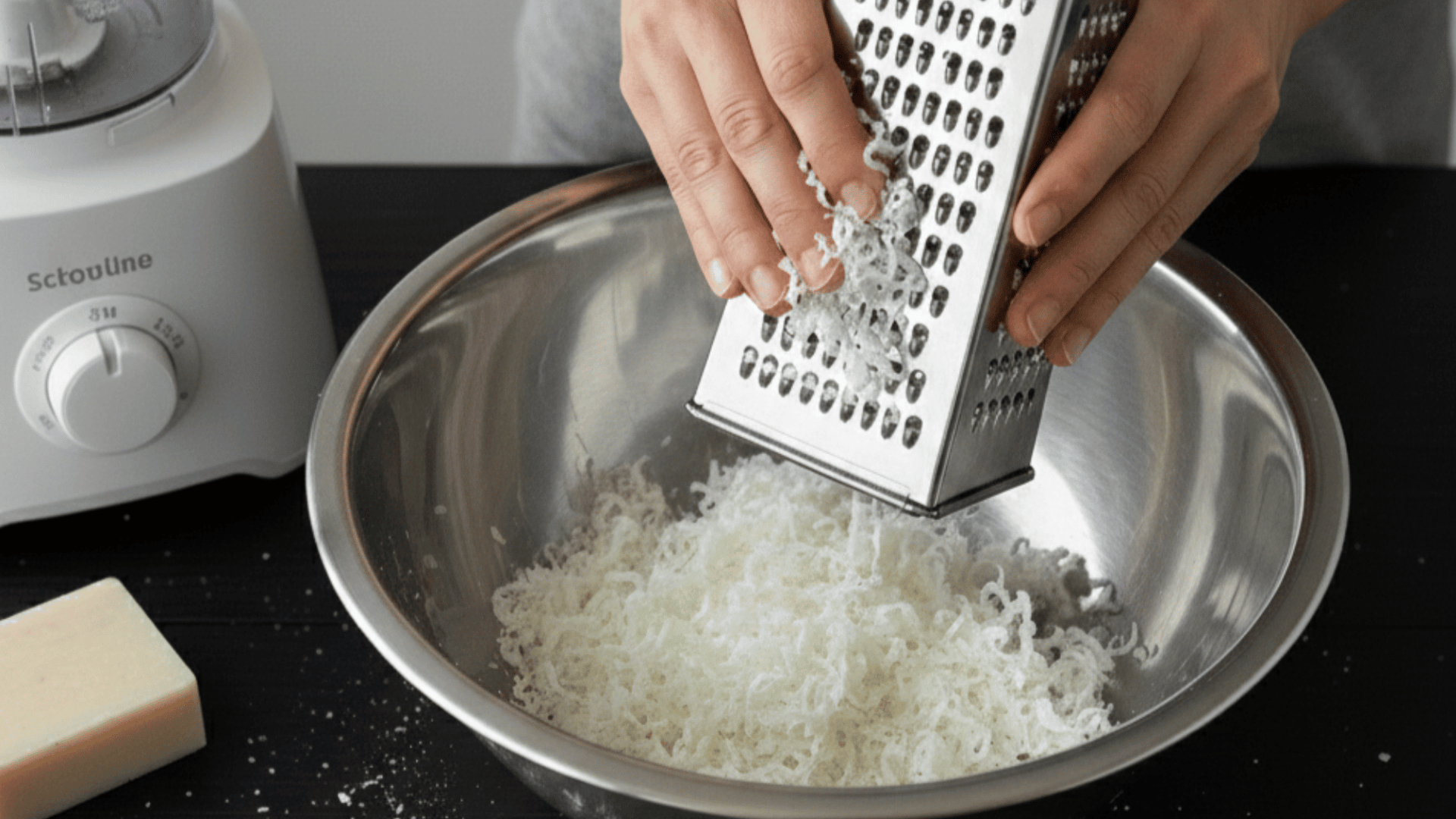 hands grating a white bar of soap into a stainless steel bowl with a food processor and soap bar on a dark desk.