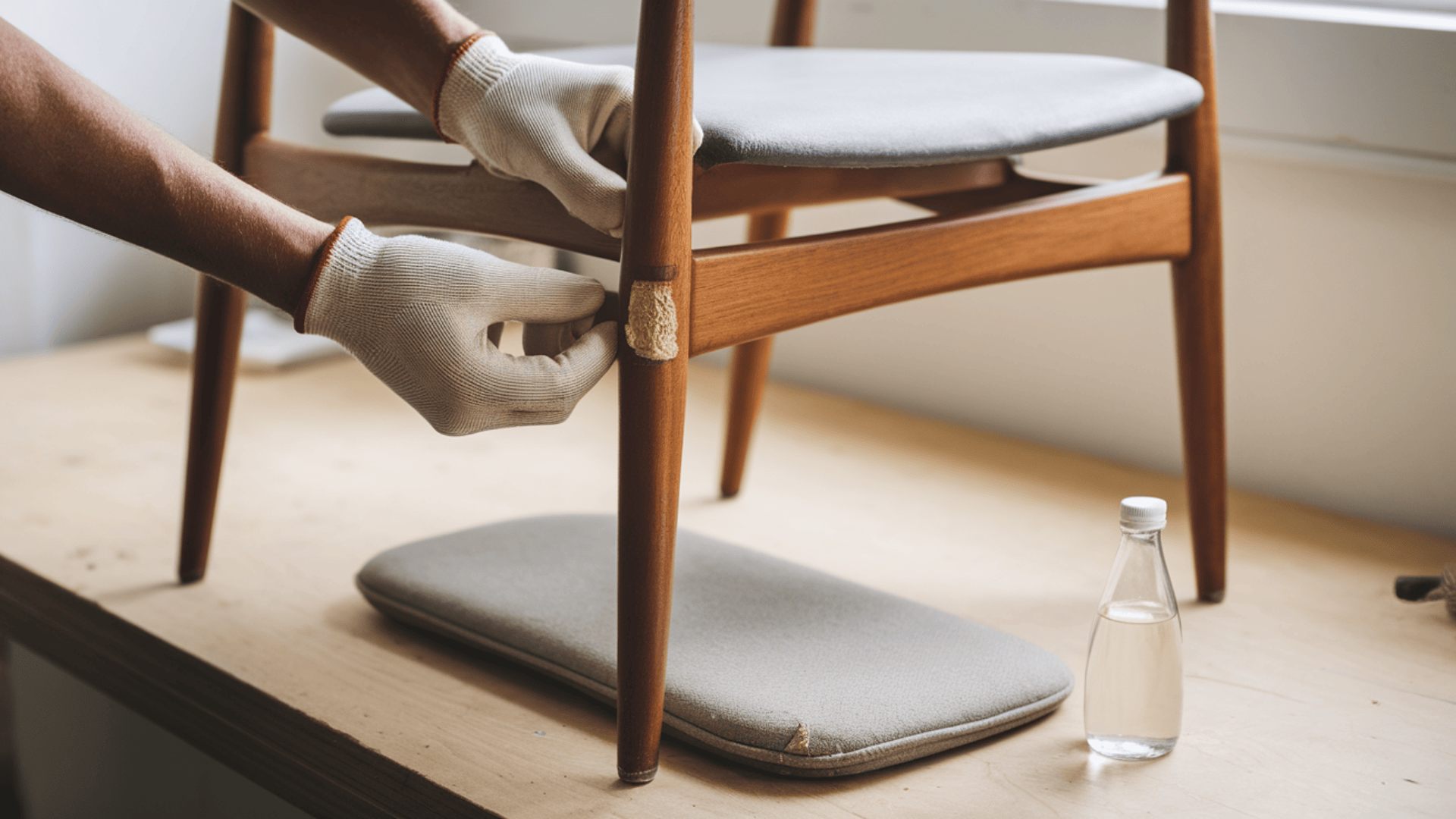 hands inspecting a loose joint on a worn mid-century teak dining chair with old glue residue visible and vinegar bottle nearby