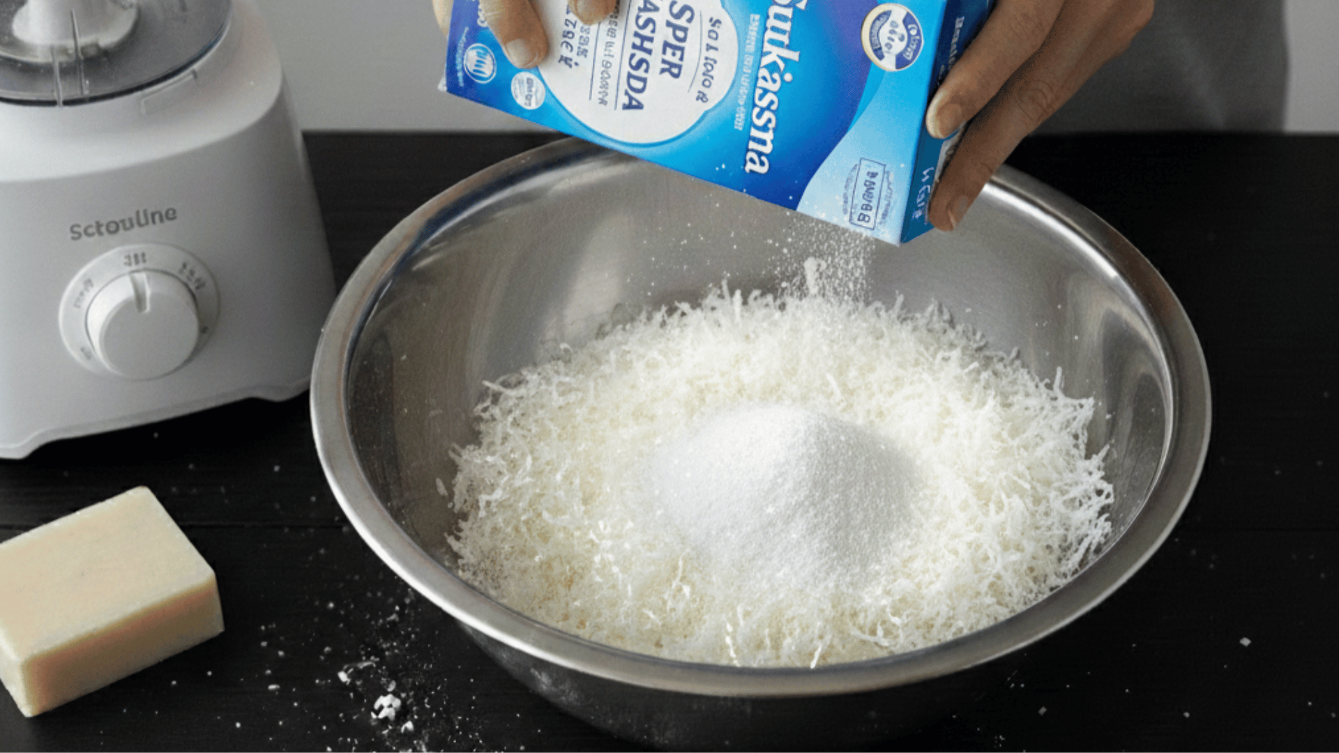hands pouring a white powder from a blue box into a bowl of soap flakes next to a food processor on a dark wooden surface.
